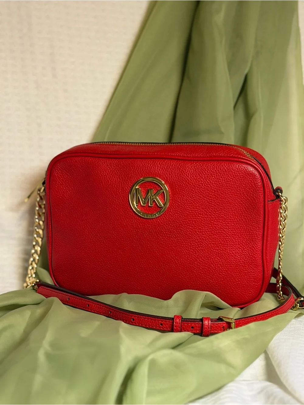 Michael Kors Red Pebbled Leather Crossbody with Gold Hardware